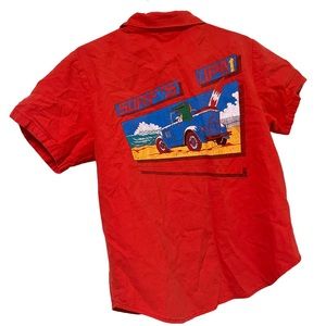Vintage 80's Boys Red Button Down Shirt with Dino Truck Surf Graphic